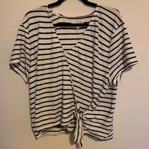 Madewell white and black striped tie wrap blouse